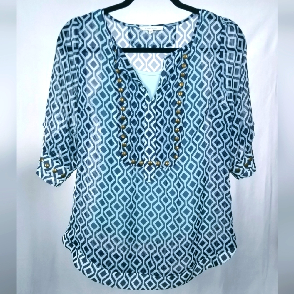 Geometric Print Sheer Light/ Dark Blue Blouse (Cami included!) 41 Hawthorne (S)